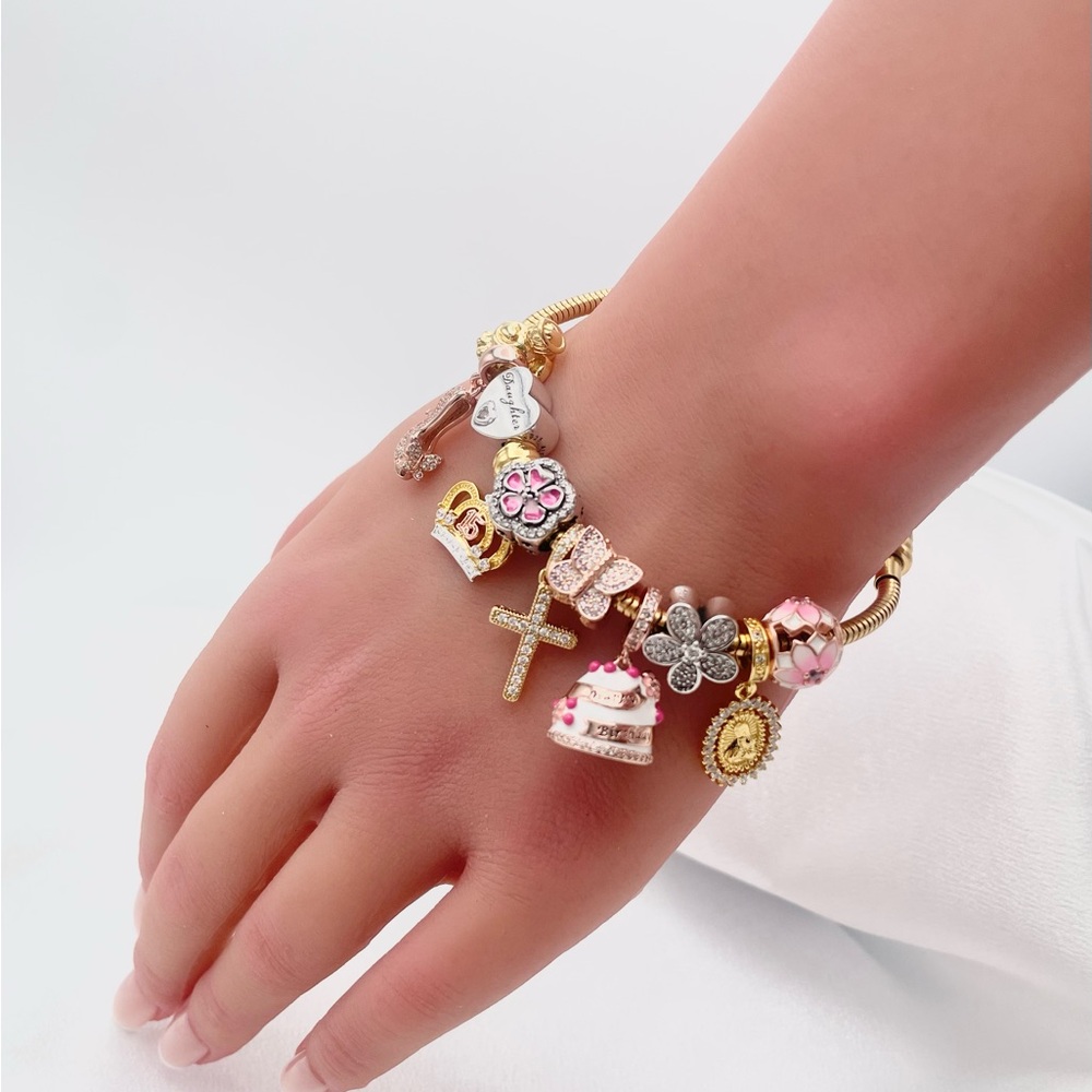 Linx Gold Snake Chain Bracelet with Religious Quinceanera Themed Charms